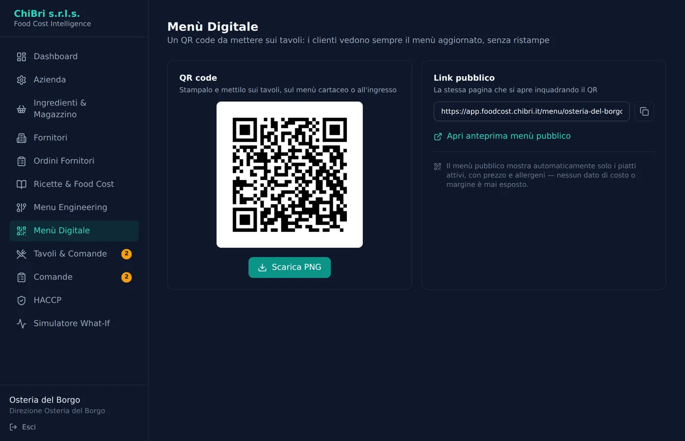 Pagina del menù digitale nel gestionale, con piatti pubblicati, allergeni e QR da stampare.